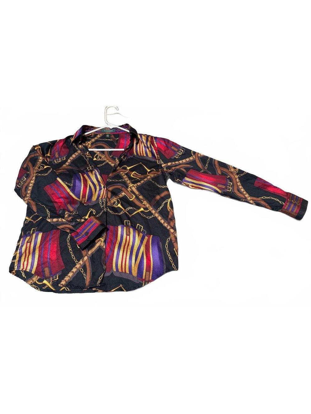 Lauren Ralph Lauren Womens PM Button Up Equestrian Print Chains Blouse Shirt